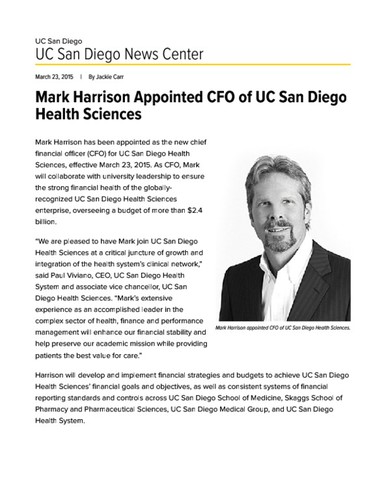 Mark Harrison Appointed CFO of UC San Diego Health Sciences