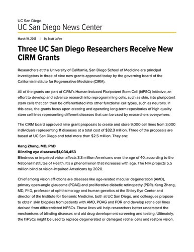 Three UC San Diego Researchers Receive New CIRM Grants