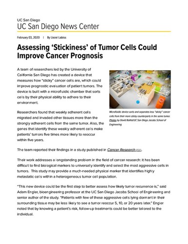Assessing 'Stickiness' of Tumor Cells Could Improve Cancer Prognosis