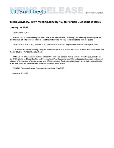 Media Advisory, Town Meeting January 15, on Persian Gulf crisis at UCSD