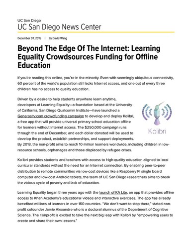 Beyond The Edge Of The Internet: Learning Equality Crowdsources Funding for Offline Education