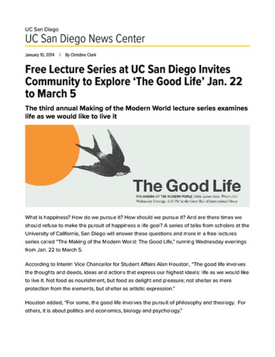 Free Lecture Series at UC San Diego Invites Community to Explore ‘The Good Life’ Jan. 22 to March 5