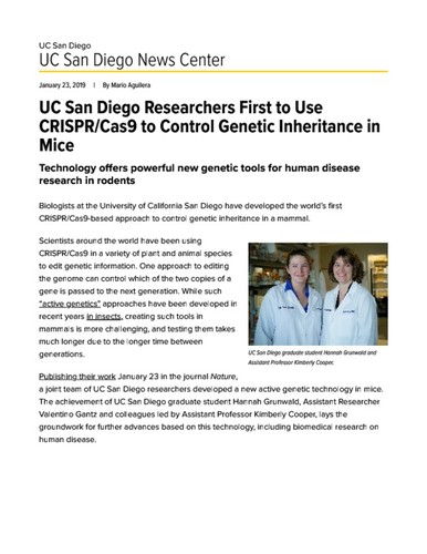 UC San Diego Researchers First to Use CRISPR/Cas9 to Control Genetic Inheritance in Mice