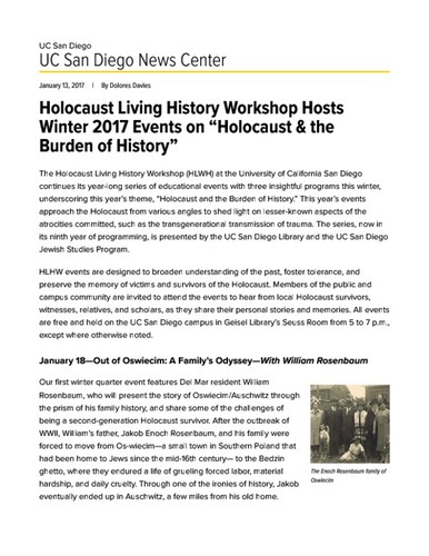 Holocaust Living History Workshop Hosts Winter 2017 Events on “Holocaust & the Burden of History”