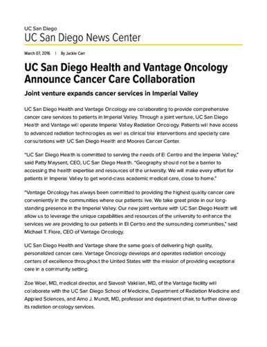 UC San Diego Health and Vantage Oncology Announce Cancer Care Collaboration