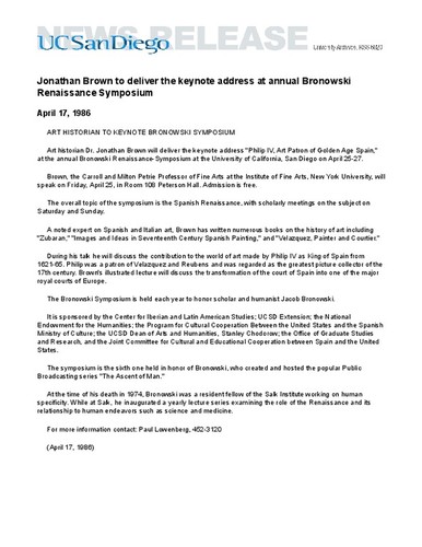 Jonathan Brown to deliver the keynote address at annual Bronowski Renaissance Symposium