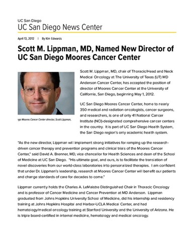 Scott M. Lippman, MD, Named New Director of UC San Diego Moores Cancer Center