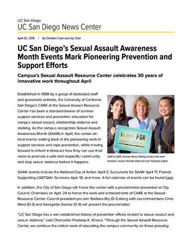 UC San Diego’s Sexual Assault Awareness Month Events Mark Pioneering Prevention and Support Efforts