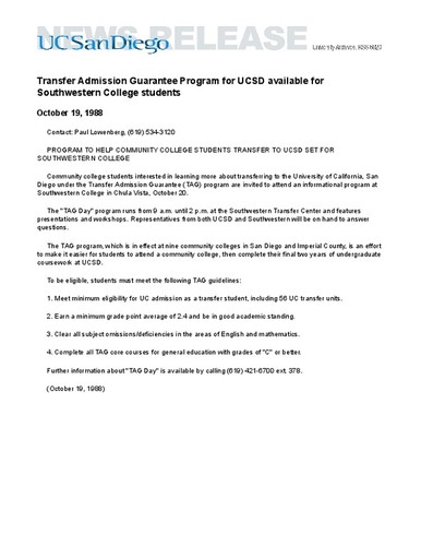 Transfer Admission Guarantee Program for UCSD available for Southwestern College students