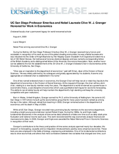 UC San Diego Professor Emeritus and Nobel Laureate Clive W. J. Granger Honored for Work in Economics--Endowed faculty chair a permanent legacy for world-renowned scholar