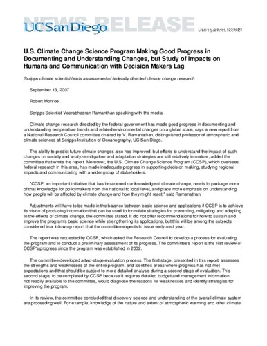 U.S. Climate Change Science Program Making Good Progress in Documenting and Understanding Changes, but Study of Impacts on Humans and Communication with Decision Makers Lag--Scripps climate scientist leads assessment of federally directed climate change research