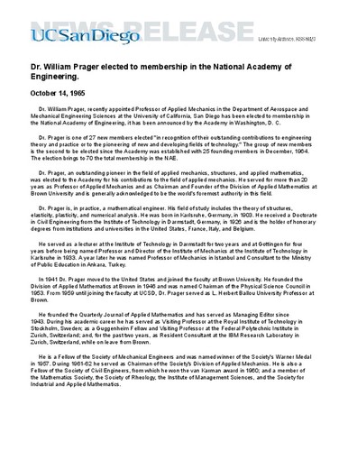 Dr. William Prager elected to membership in the National Academy of Engineering