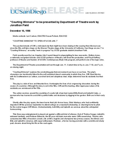 "Courting Winnona" to be presented by Department of Theatre work by Jonathan Field