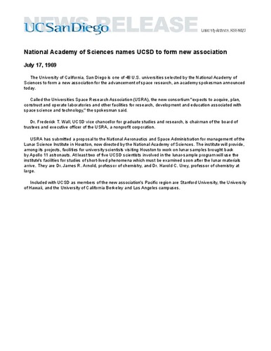 National Academy of Sciences names UCSD to form new association