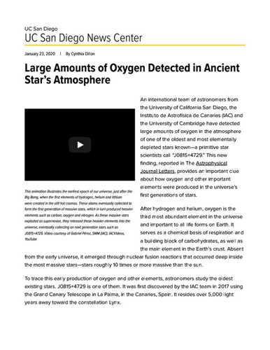 Large Amounts of Oxygen Detected in Ancient Star’s Atmosphere