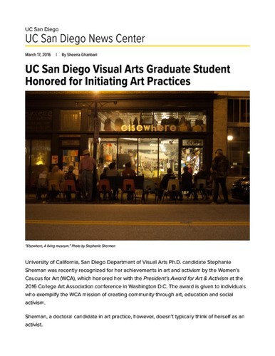 UC San Diego Visual Arts Graduate Student Honored for Initiating Art Practices