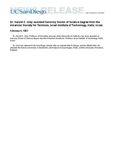 Dr. Harold C. Urey awarded honorary Doctor of Science degree from the American Society for Technion, Israel Institute of Technology, Haifa, Israel