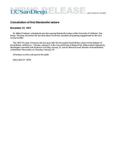 Cancellation of first Mandeville lecture