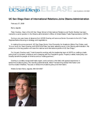 UC San Diego Dean of International Relations Joins Obama Administration