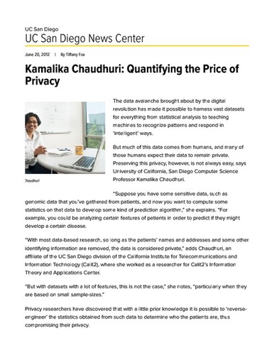 Kamalika Chaudhuri: Quantifying the Price of Privacy