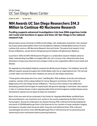 NIH Awards UC San Diego Researchers $14.3 Million to Continue 4D Nucleome Research