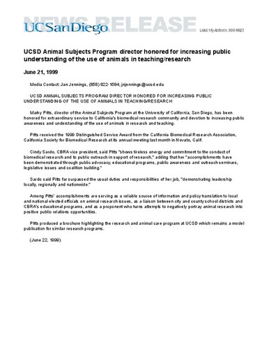 UCSD Animal Subjects Program director honored for increasing public understanding of the use of animals in teaching/research