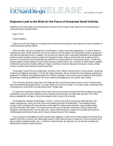 Engineers Look to the Birds for the Future of Unmanned Aerial Vehicles--Engineers at UC San Diego are mimicking the movement of bird wings to help improve the maneuverability of unmanned aerial vehicles (UAVs)