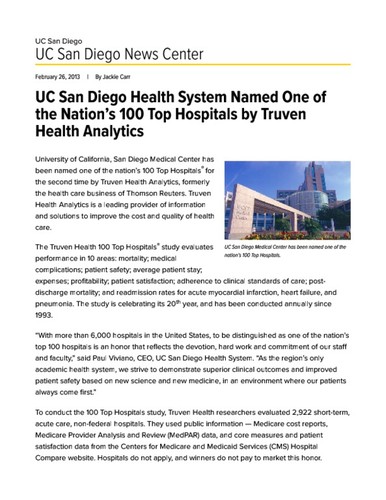 UC San Diego Health System Named One of the Nation's 100 Top Hospitals by Truven Health Analytics