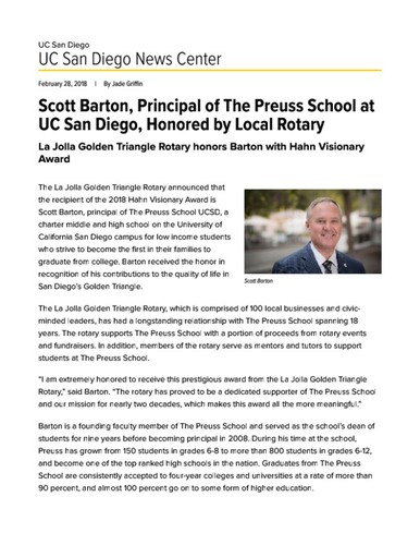 Scott Barton, Principal of The Preuss School at UC San Diego, Honored by Local Rotary