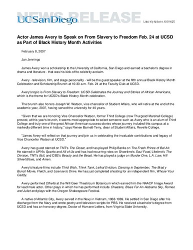 Actor James Avery to Speak on From Slavery to Freedom Feb. 24 at UCSD as Part of Black History Month Activities