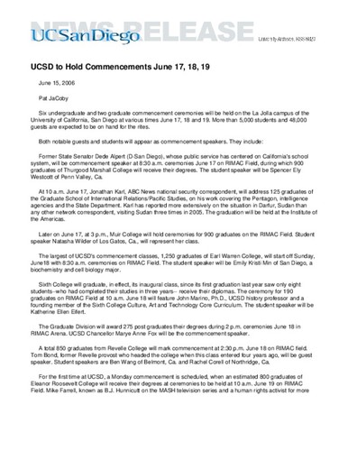 UCSD to Hold Commencements June 17, 18, 19