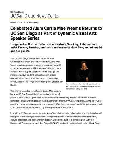Celebrated Alum Carrie Mae Weems Returns to UC San Diego as Part of Dynamic Visual Arts Speaker Series