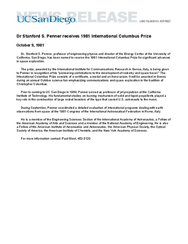 Dr Stanford S. Penner receives 1981 International Columbus Prize