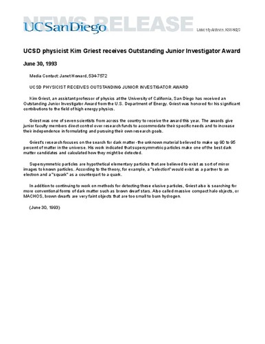 UCSD physicist Kim Griest receives Outstanding Junior Investigator Award