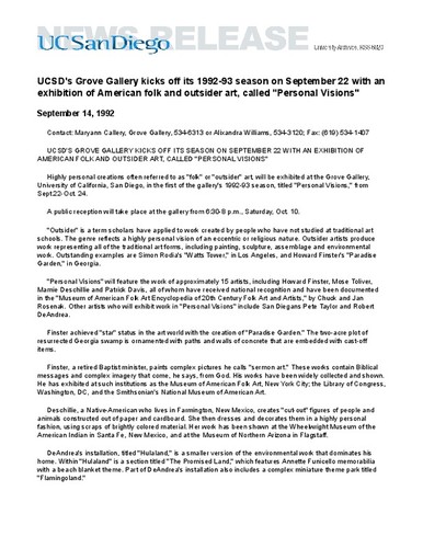 UCSD's Grove Gallery kicks off its 1992-93 season on September 22 with an exhibition of American folk and outsider art, called "Personal Visions"