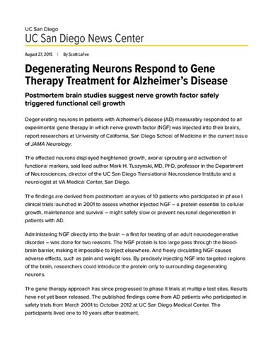 Degenerating Neurons Respond to Gene Therapy Treatment for Alzheimer’s Disease