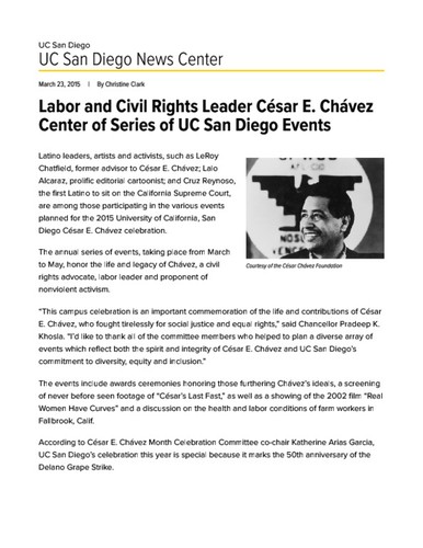 Labor and Civil Rights Leader César E. Chávez Center of Series of UC San Diego Events