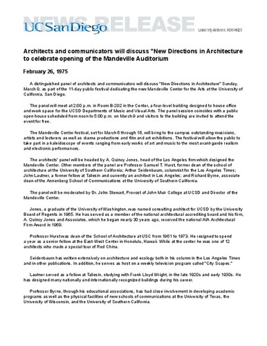 Architects and communicators will discuss "New Directions in Architecture to celebrate opening of the Mandeville Auditorium