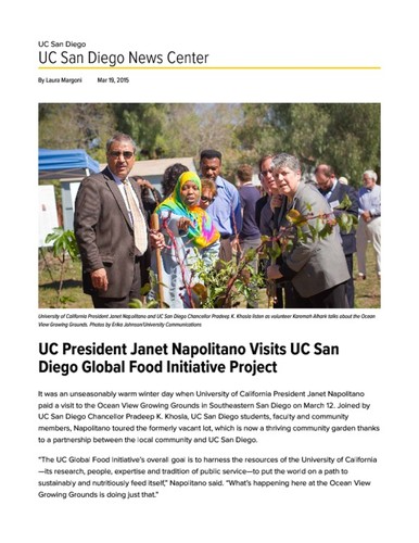 UC President Janet Napolitano Visits UC San Diego Global Food Initiative Project