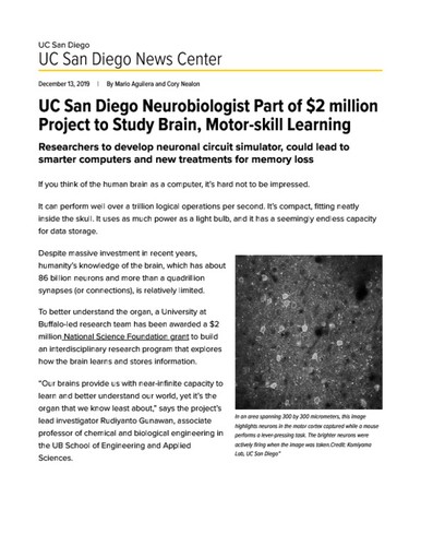 UC San Diego Neurobiologist Part of $2 million Project to Study Brain, Motor-skill Learning