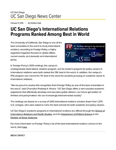UC San Diego’s International Relations Programs Ranked Among Best in World