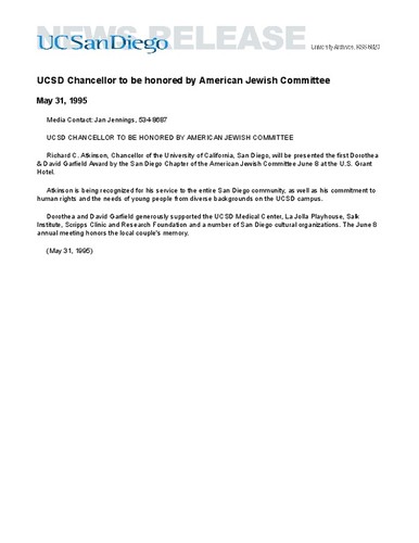 UCSD Chancellor to be honored by American Jewish Committee