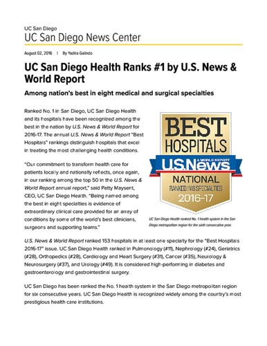 UC San Diego Health Ranks #1 by U.S. News & World Report