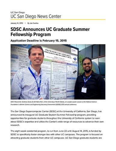 SDSC Announces UC Graduate Summer Fellowship Program