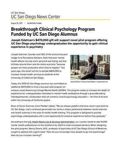 Breakthrough Clinical Psychology Program Funded by UC San Diego Alumnus