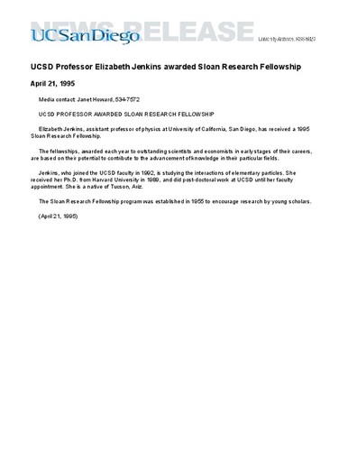 UCSD Professor Elizabeth Jenkins awarded Sloan Research Fellowship