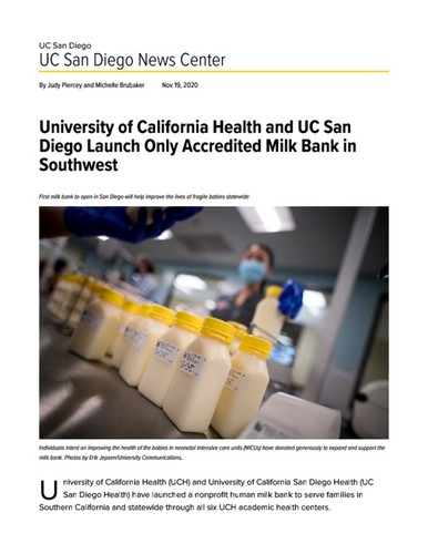 University of California Health and UC San Diego Launch Only Accredited Milk Bank in Southwest