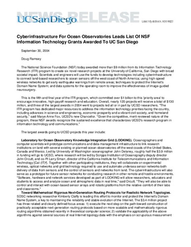 Cyberinfrastructure For Ocean Observatories Leads List Of NSF Information Technology Grants Awarded To UC San Diego
