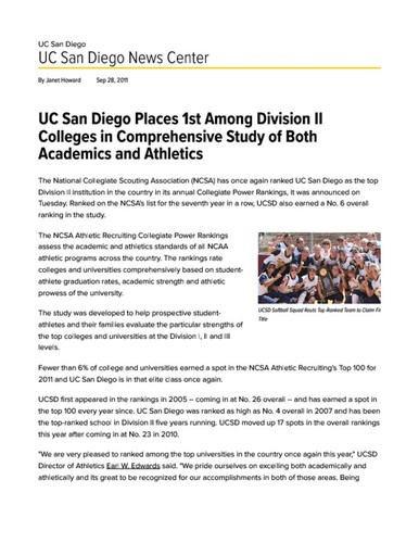 UC San Diego Places 1st Among Division II Colleges in Comprehensive Study of Both Academics and Athl