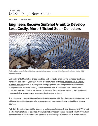 Engineers Receive SunShot Grant to Develop Less Costly, More Efficient Solar Collectors